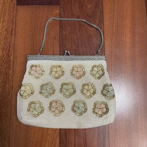 Vintage Hand Beaded Bag Purse Handbag with Chain Floral Design Art To Wear